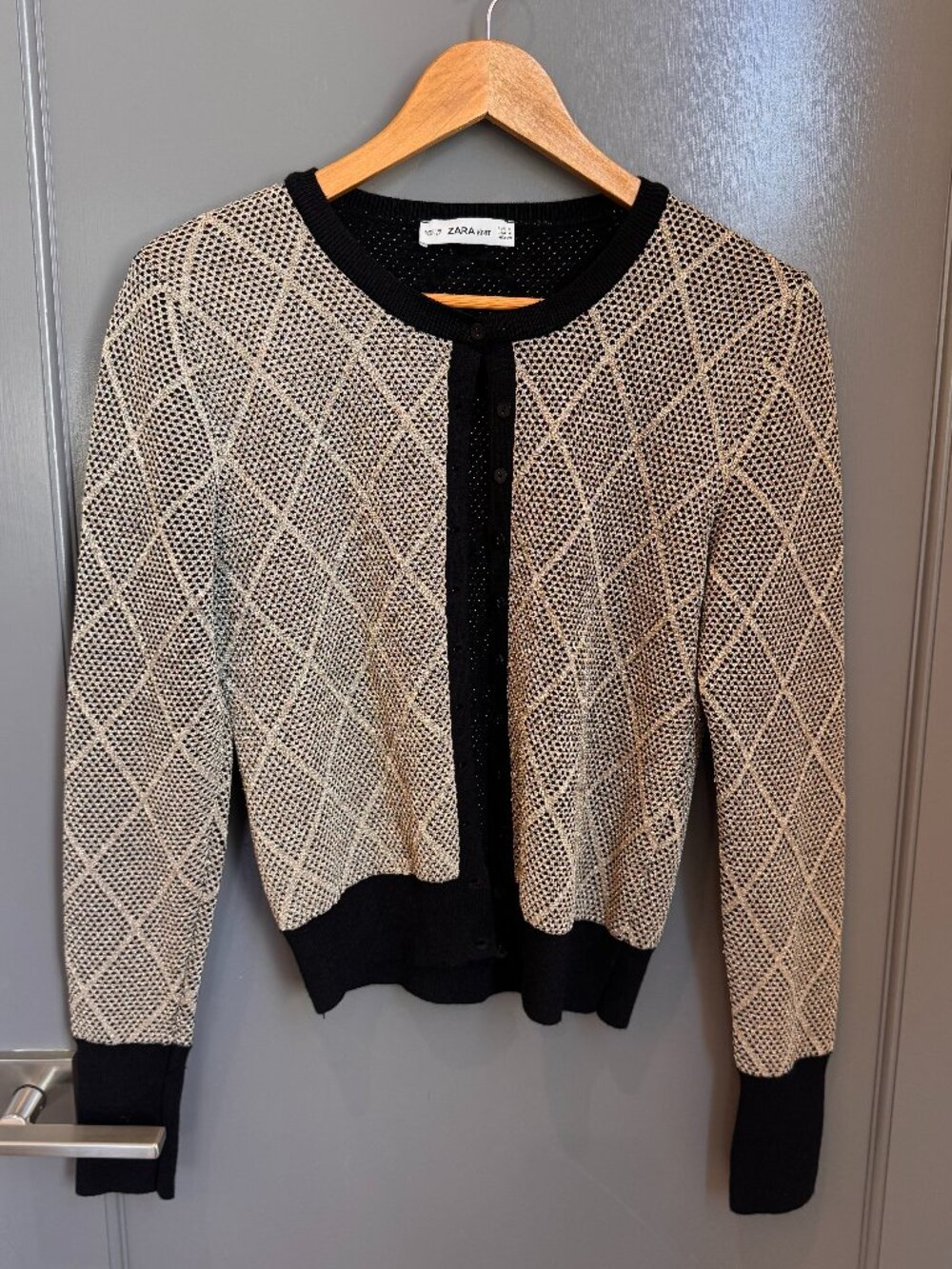 Zara Knit Button-Up Lurex Cardigan – Black Beige Diamond Pattern SIZE: M
